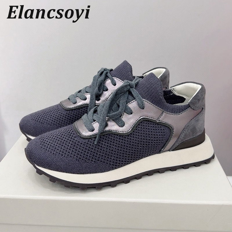 Knit Fabric Lace Up Sneakers - 플랫 슈즈 여성 스트링 비즈 니트