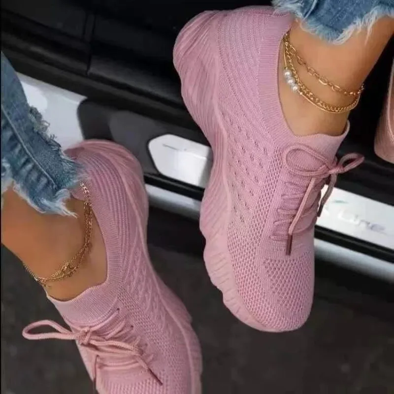 여성 캐주얼 니트 스니커즈 통기성 메쉬 슬립온 레이스업 - Knit Fabric Lace Up Sneakers 리뷰 및 가격